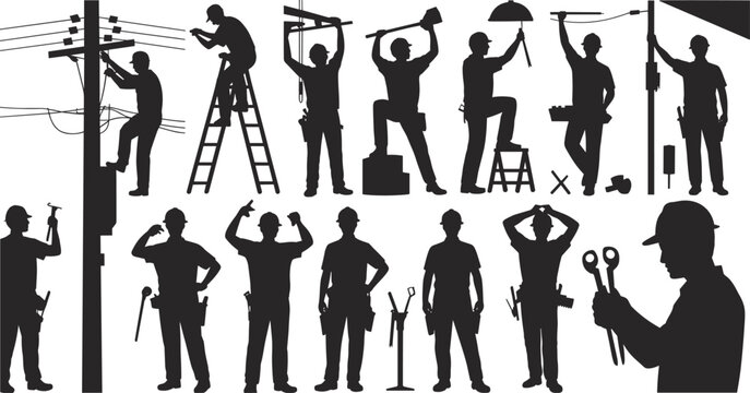 Silhouettes of electricians and workers performing various tasks with tools construction repair