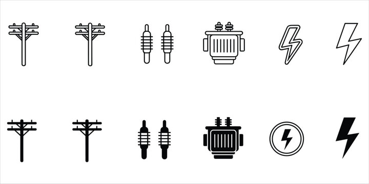 Icons and symbols for electricity and power line components in outline and filled styles lightning bolt