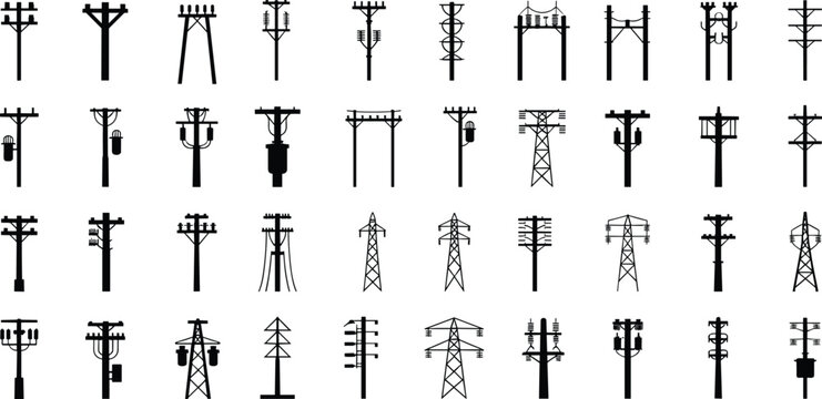 Grid of various electricity pylons and utility poles in black silhouette on white power line transmission tower