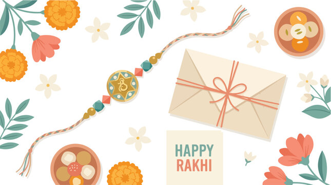 Happy Raksha Bandhan festival celebration in India with traditional rakhi thread, sweets, and flowers, symbolizing the sacred brother-sister bond and love