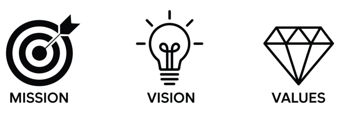 Mission vision values business strategy core principles icon set vector collection representing company goals corporate objectives leadership concepts management frameworks teamwork planning