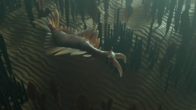 4k 3d animation of the Cambrian predator, Anomalocaris regalis, swimming gracefully through the deep blue, particle-filled waters of a prehistoric ocean.