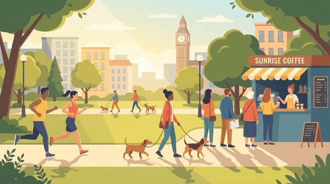 Sunday morning in a city park with joggers, dog walkers and caf� kiosk queue