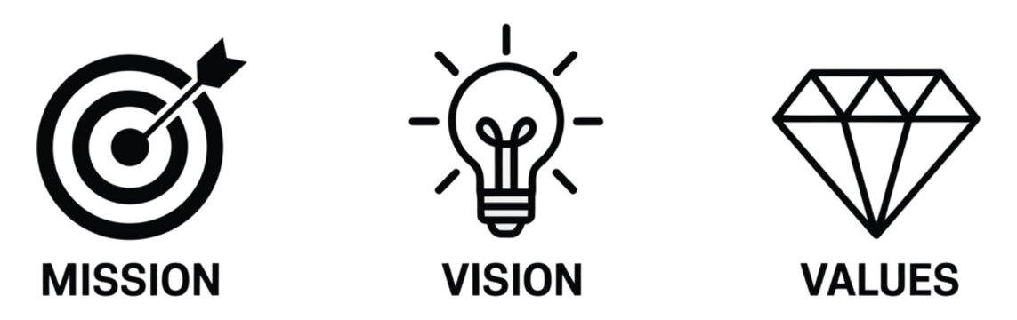 Mission vision values icon set business strategy core principles symbols representing corporate goals leadership management teamwork planning organizational development modern design