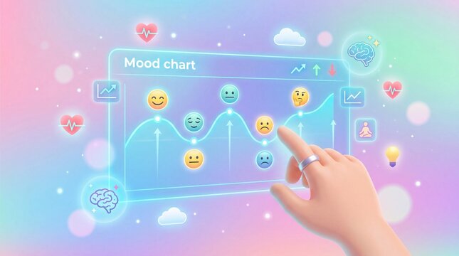 Hand interacting with mood chart digital environment visual data representation emotional insights user perspective technology concept