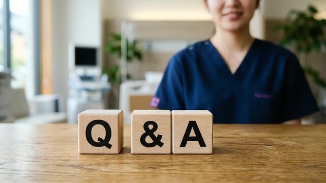 病院内で「Q&A」の積み木を整える看護師