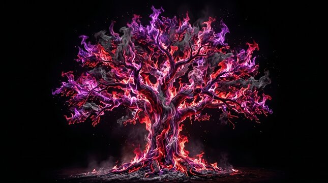 An oak tree is made from purple, red, and gray fire isolated on a black background.

