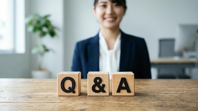 若い女性会社員が笑顔でQ&Aのブロックを並べる、FAQ・カスタマーサポート