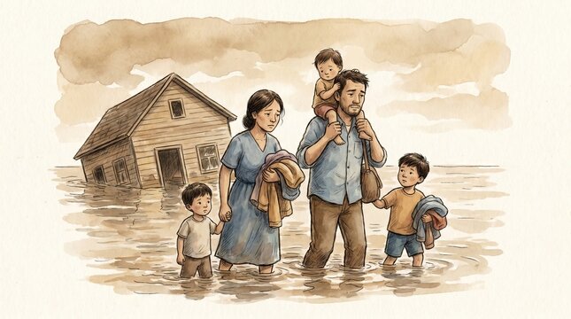 Climate refugee family carrying belongings from a flooded home with dignity and compassion