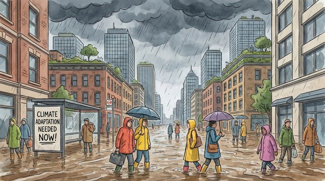 Urban flood due to extreme rainfall with streets as rivers and people in boots
