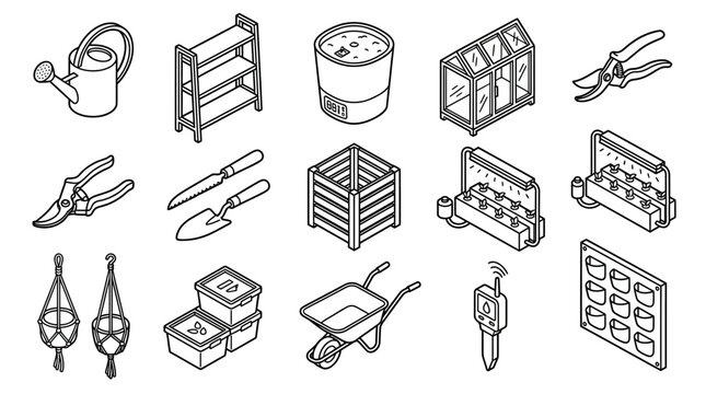 Gardening Equipment Isometric Icons: Outline Set for Planting and Cultivation