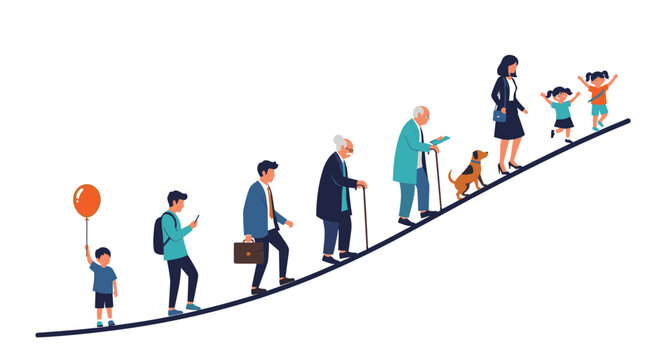 Sequential progression of human life stages showing people from childhood to old age walking up a rising diagonal path to represent the future.