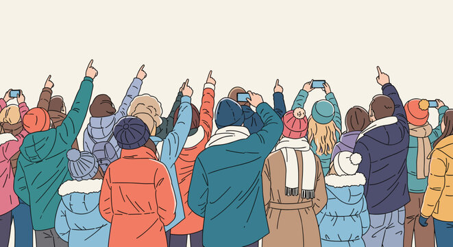 Crowd of people seen from a back view wearing winter clothes and pointing towards the sky while taking photos with mobile phones during an event.