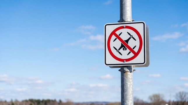 No drone zone signage prohibiting unmanned aerial vehicles open sky setting safety message outdoor environment ground-level viewpoint