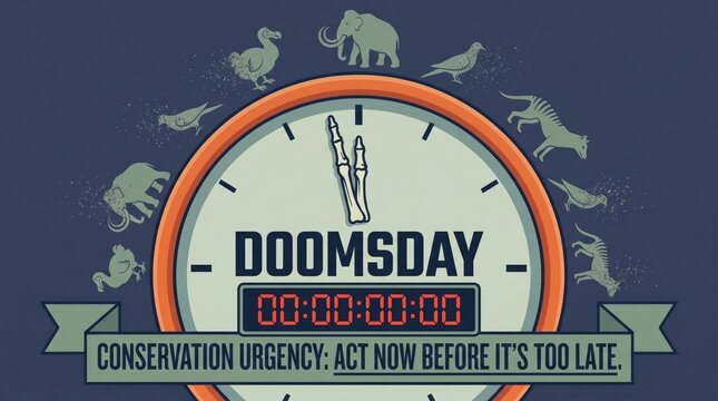 Species extinction clock counting down with animal silhouettes lost in conservation urgency graphic