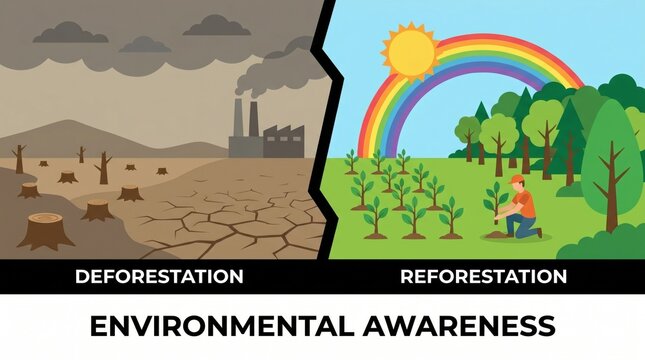 Deforestation versus reforestation side by side in stark graphic environmental awareness