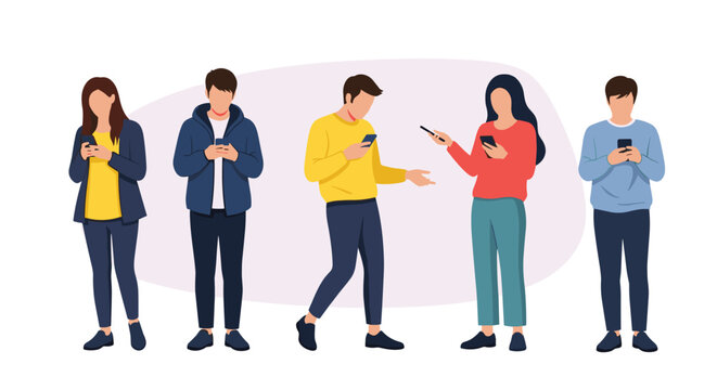 Diverse young people standing together while being distracted and absorbed in using their mobile smartphones for social media and internet.