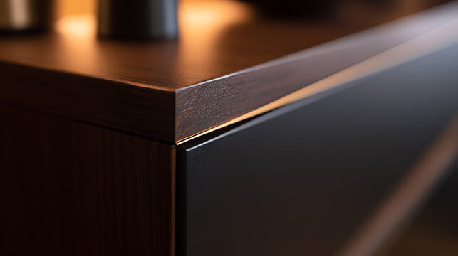 Modern Dark Wood and Matte Black Cabinetry Detail with Soft Ambient Light, Focus on Texture and Clean Lines, Minimalist Interior Style