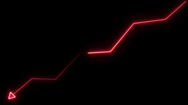 Minimalist glowing red neon zigzag line with upward business arrow concept. Animation of representing down trend motion graphic icon performance. Neon down graph animation.
