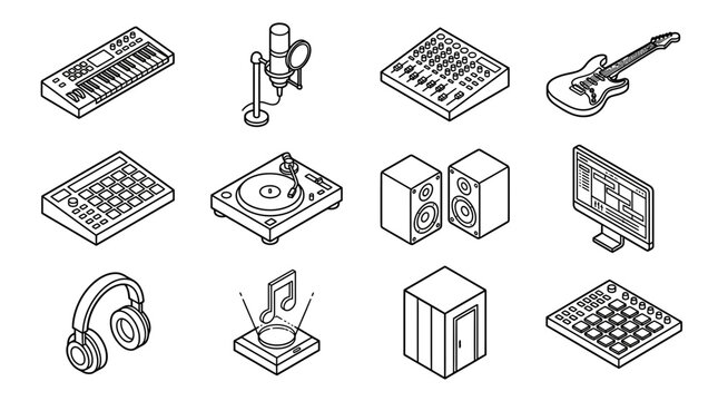 Music Production Icons Set: Isometric Outline Graphics for Studio and DJ Gear