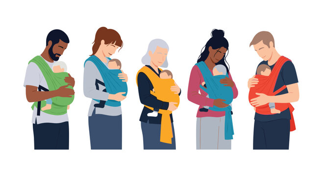 Row of diverse mothers and fathers carrying their babies in various styles of colorful fabric baby slings and ergonomic infant carriers.