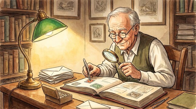 Stamp collector laying out new acquisition with magnifying glass, tweezers and album