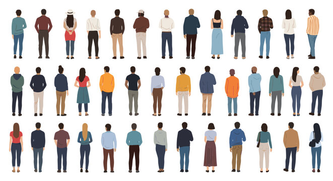 Large diverse crowd of people seen from the back view standing in rows representing a community, audience, or waiting line in a public space.