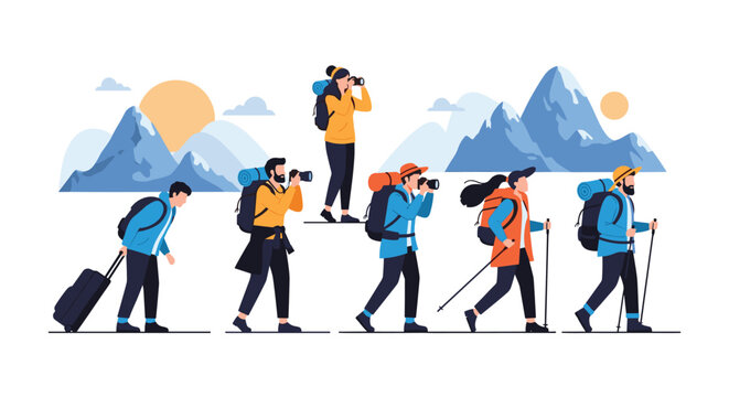 Group of diverse hikers and travelers with backpacks and cameras exploring a mountain landscape during sunrise or sunset with trekking poles.