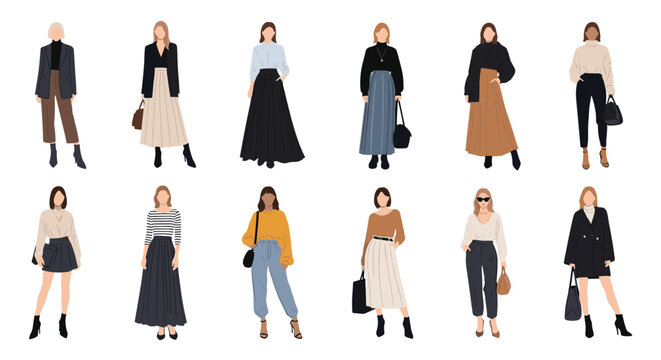 Collection of fashionable women in various stylish autumn and winter outfits including long skirts, coats, sweaters, and trendy accessories.