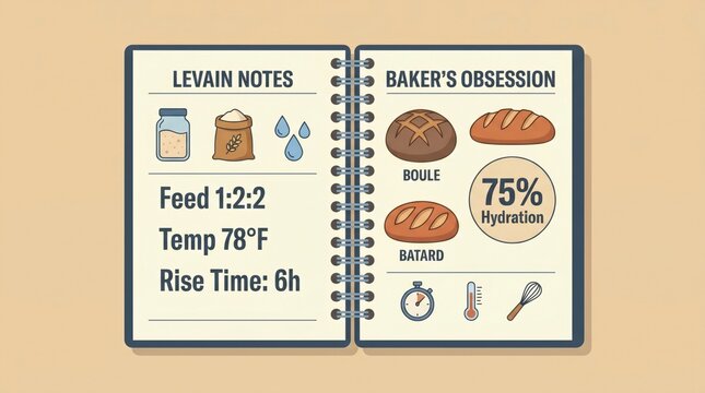 Sourdough bread journal with levain notes, loaf drawings and hydration percentages