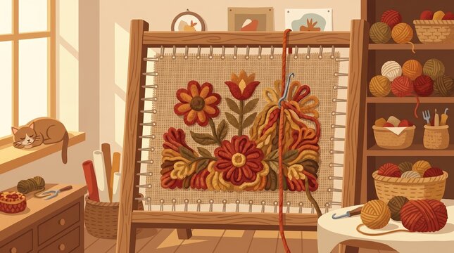 Rug-hooking frame with wool pulled through backing and pattern emerging in craft room