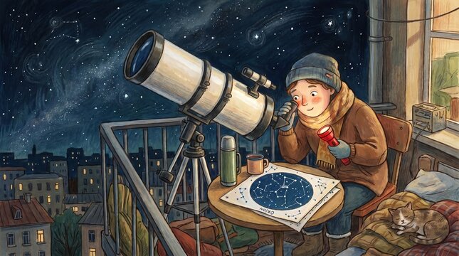 Amateur astronomy session on a balcony with telescope, star chart and night wonder