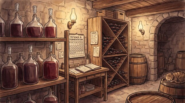 Home winemaking cellar with demijohns, airlocks, notes and fermenting wine rack
