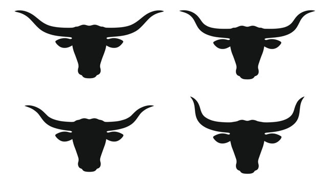 Four black silhouettes of longhorn cattle heads with wild west, animal profile