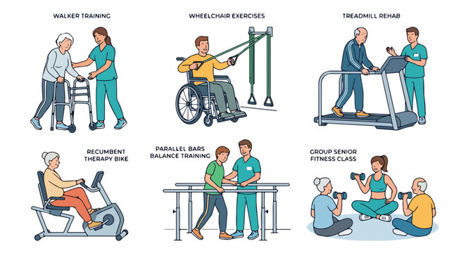 Physical therapy and senior rehabilitation set, elderly patients exercising with medical equipment, 6 vector illustrations for geriatric healthcare