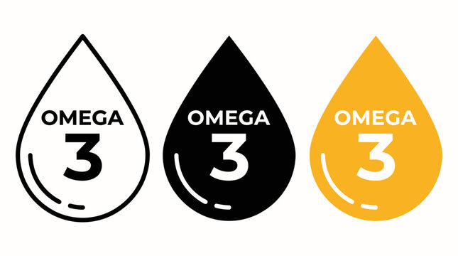 Omega 3 icon representations in different colors and styles with fish oil