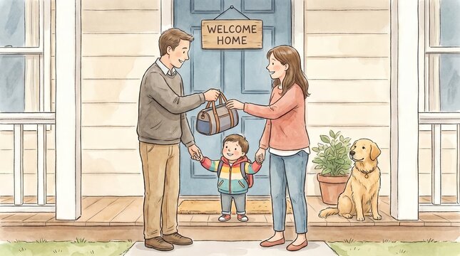 Co-parenting handover with both parents kind and civil at the door with child between them
