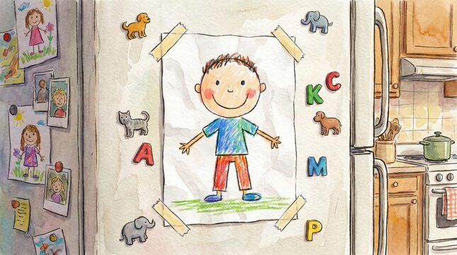 Child's artwork proudly displayed on a fridge with magnets and colourful crayon masterpiece
