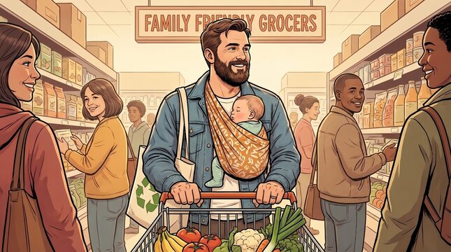 Father baby-wearing in a sling at a supermarket as confident modern dad normalising caregiving