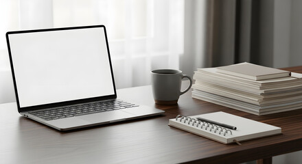 Fototapeta premium A minimalist desk setup featuring a laptop, coffee mug, notebook, and a stack of books, perfect for a home office or study space