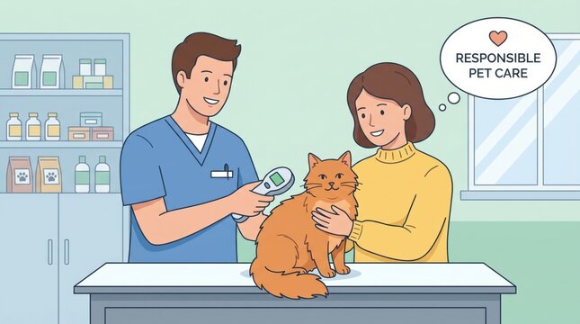 Microchipping a cat at the vet with scanner and owner holding cat in responsible care