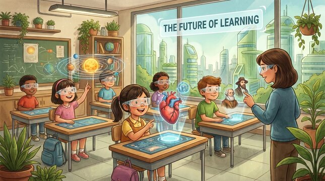 Augmented reality classroom with children using AR glasses and 3D models floating in space
