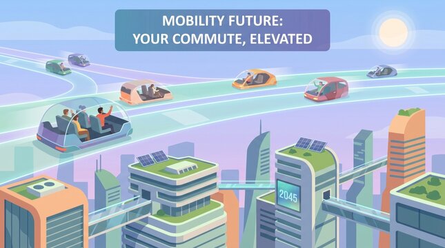 Personal flying pods over a city in 2045 with air traffic lanes and future commuter concept