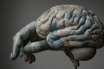 Obraz premium Anatomical brain model, map-covered, hand-like grip