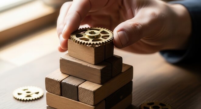 Wooden gear stacking tower with interlocking cogs hand positioned gears