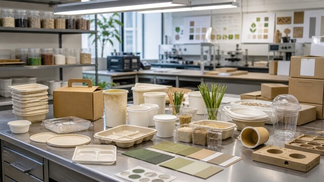 Showcasing various packaging materials and containers used for food storage in a modern workspace equipped with research tools and plant life