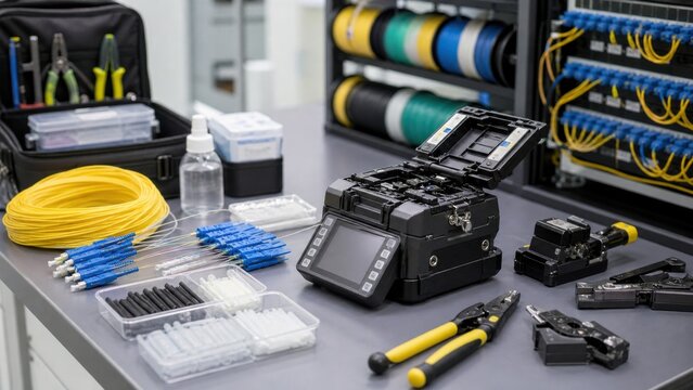 Tools and materials for fiber optic installation in a workshop with organized workspace and various equipment displayed on a table