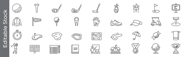 Golf equipment and course line icon set – editable outline symbols of golf club, player, tournament, scorecard, rules book, cart and sporting gear © marufpro555777