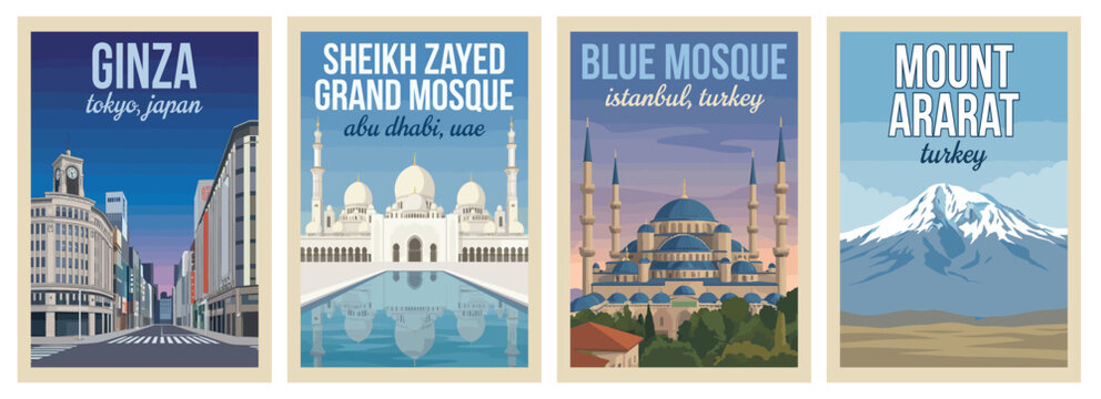 Vintage world travel poster set. Including ginza district, sheikh zayed grand mosque, blue mosque, and mount ararat. Retro vector illustration.
