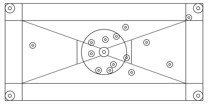 Top view vector illustration of a carrom board game with discs and striker. Simple black and white line art design for sports, leisure, and tabletop gaming.